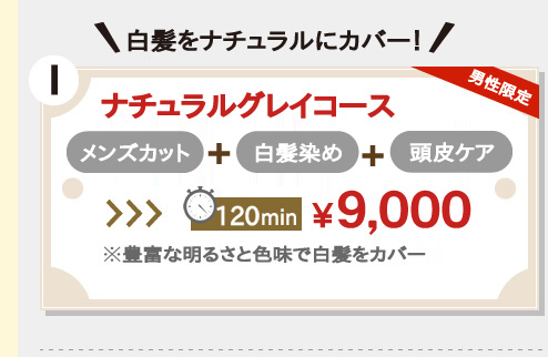 仕白髪をナチュラルにカバー！ナチュラルグレイコース。カット。プラス。白髪染め。120分8,400円。※豊富な明るさと色味で白髪をカバー。
